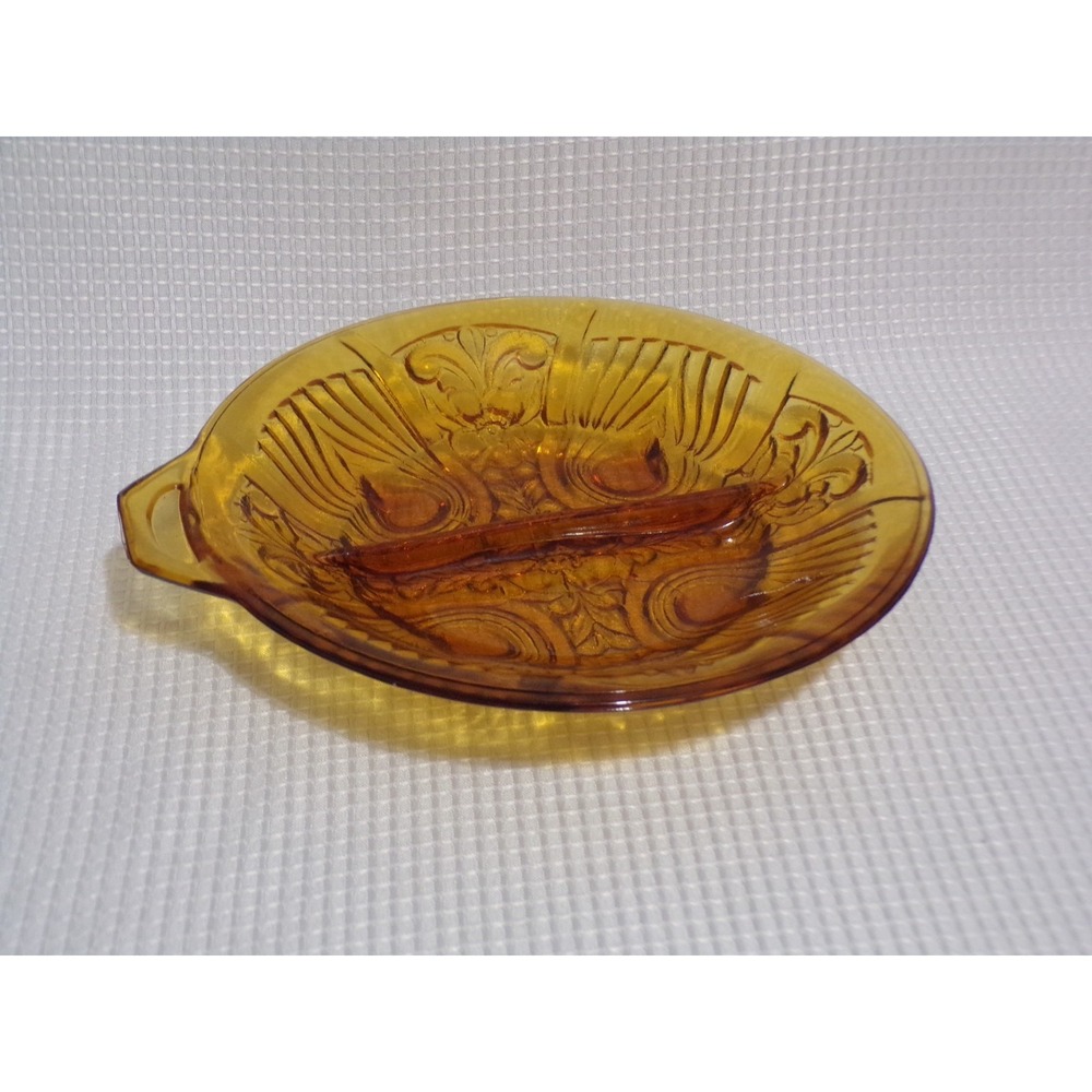 Vintage Indiana Glass Divided Dish Relish or Candy Plate Amber Serving Dish
